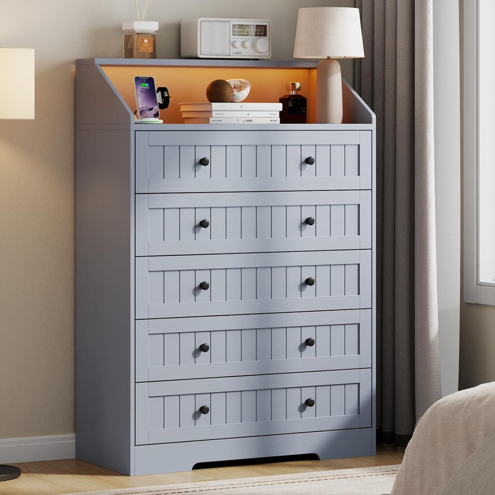 Gray 5 Drawers Dresser for Bedroom with Charging Station & LED Light