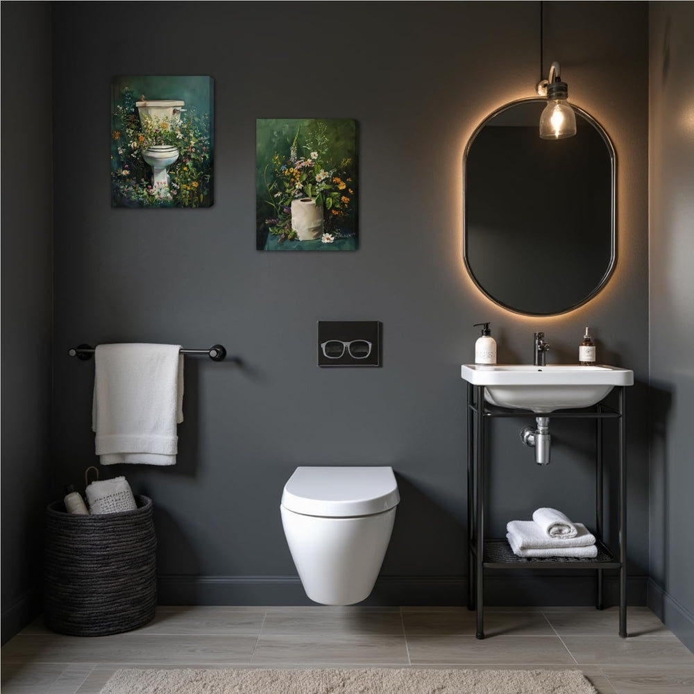 Framed Vintage Floral Bathroom Wall Art Set of 3, Dark Green Moody Flower Can...