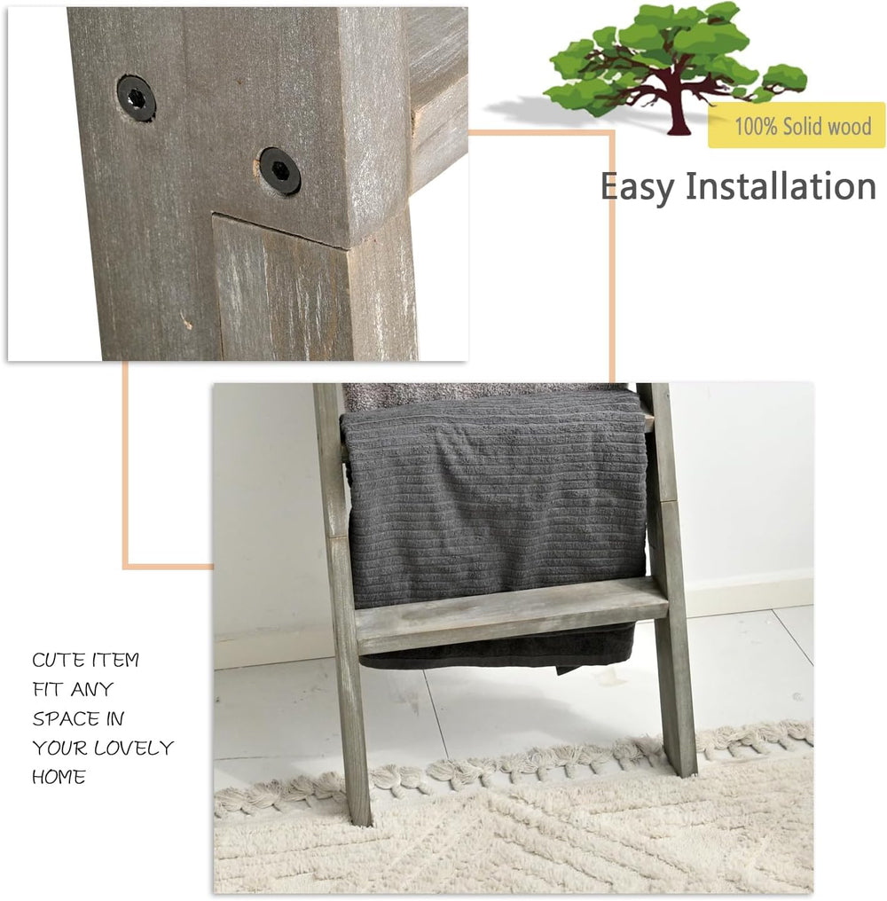 Blanket Ladder, 5ft Rectangle Rung Rustic Solid Wood Decor Rack, Grey | 5 run...