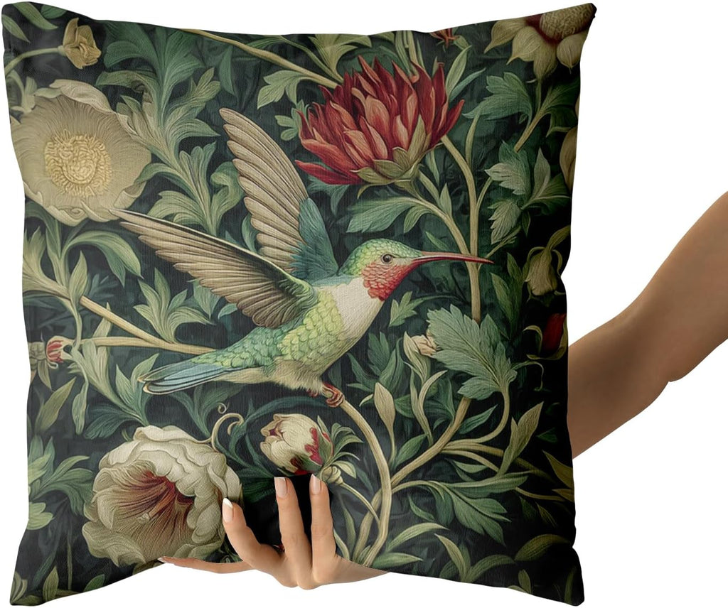 Giwawa Vintage Hummingbird Pillow Covers Set of 2, Rustic Green Bird Floral Pillow Cases 20x20in, Boho Flower Botanical Cotton Throw Cushion Covers for Sofa Couch Patio Seasonal Decoration