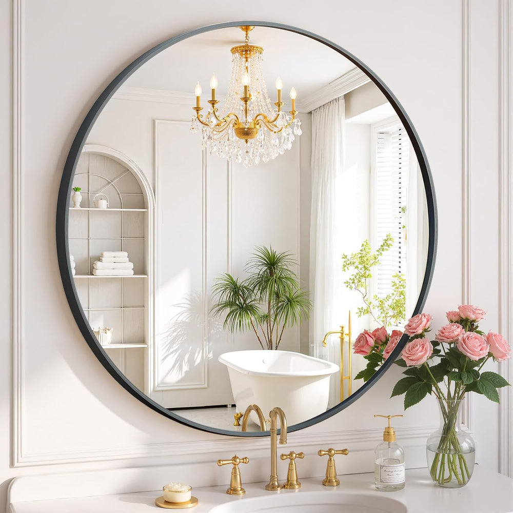 Round Wall Mirror 30 Inch Black Vanity Mirror with Metal Frame