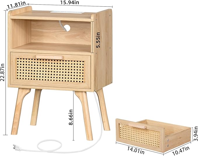 Lerliuo Rattan Nightstand with Charging Station, Boho Side Table with Drawer ...