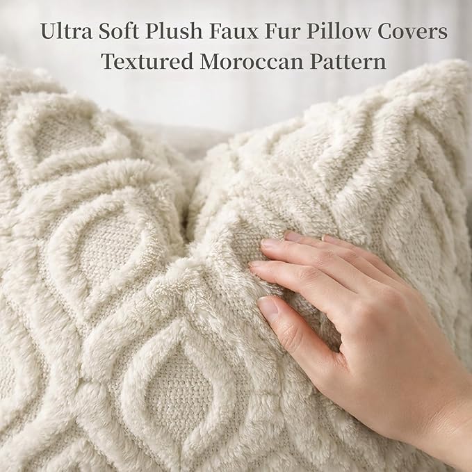 decorUhome Throw Pillow Covers 20x20 Inch Set of 2, Soft Plush Faux Wool Beige - Image 2