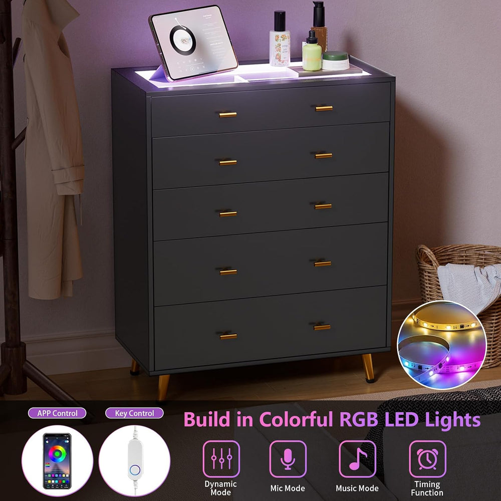 Closet Island with Drawers, Glass Top, LED Lights, Black