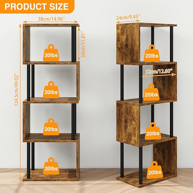 IBUYKE 5-Tier Tall Bookshelf,S-Shaped Geometric Bookcase, Wood Display Shelve...