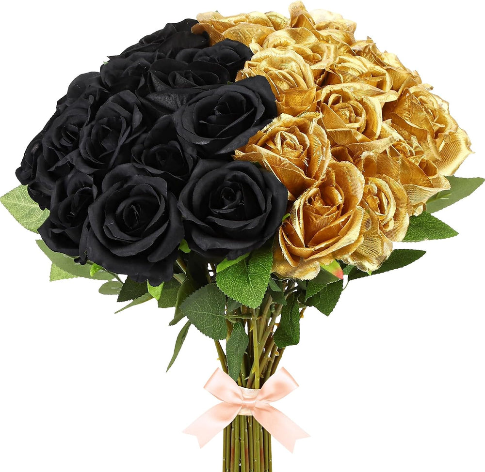 36 Pcs Silk Black Gold Rose Bouquet Bridal Artificial Flowers