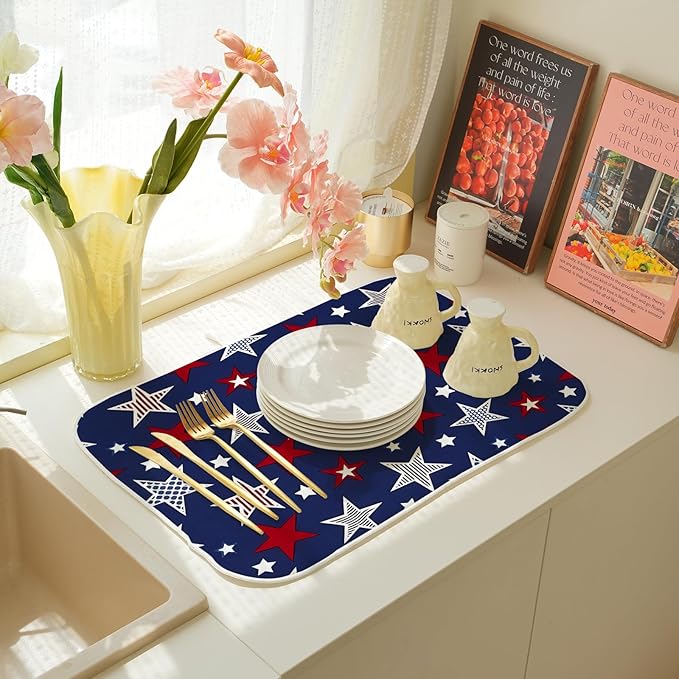 4th of July Dish Drying Mat 18x24 Inch Navy Blue Red Stars Patriotic Decor - Image 5