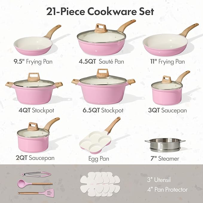 CAROTE 21 PCS Ceramic Cookware Set, Pots and Pans Set Non Stick, Pot and Pan Set - Image 2