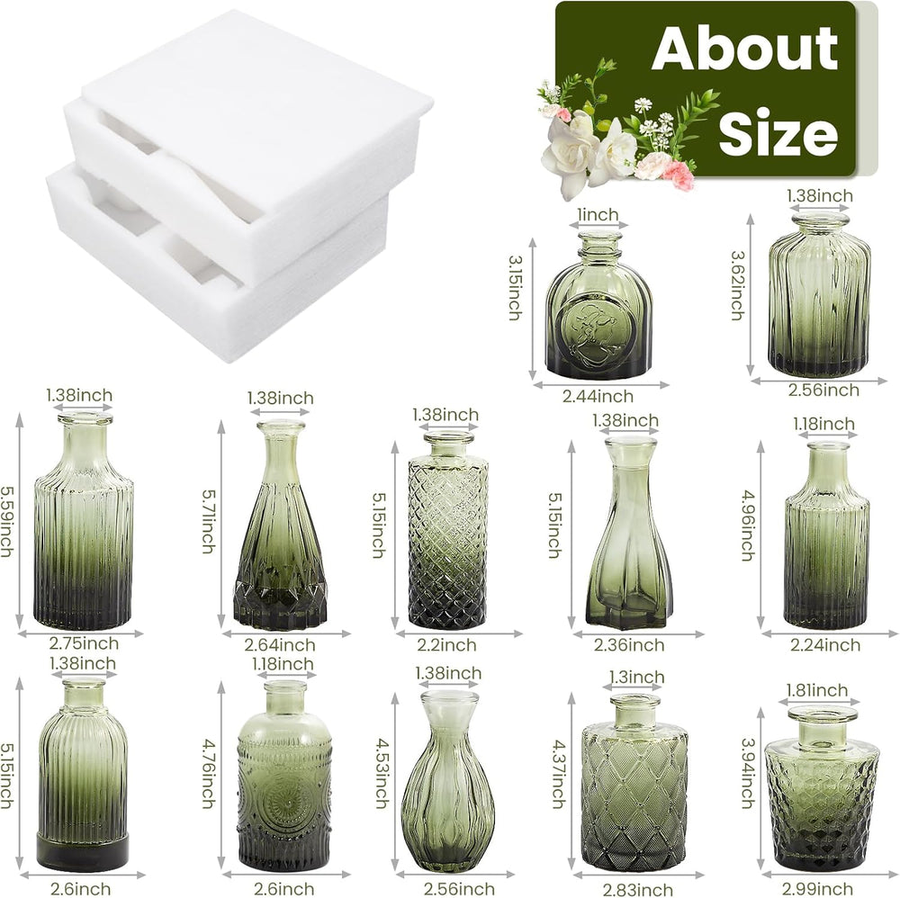 TBWIND 12pcs Green Glass Bud Vases Set, Small Vases for Flowers