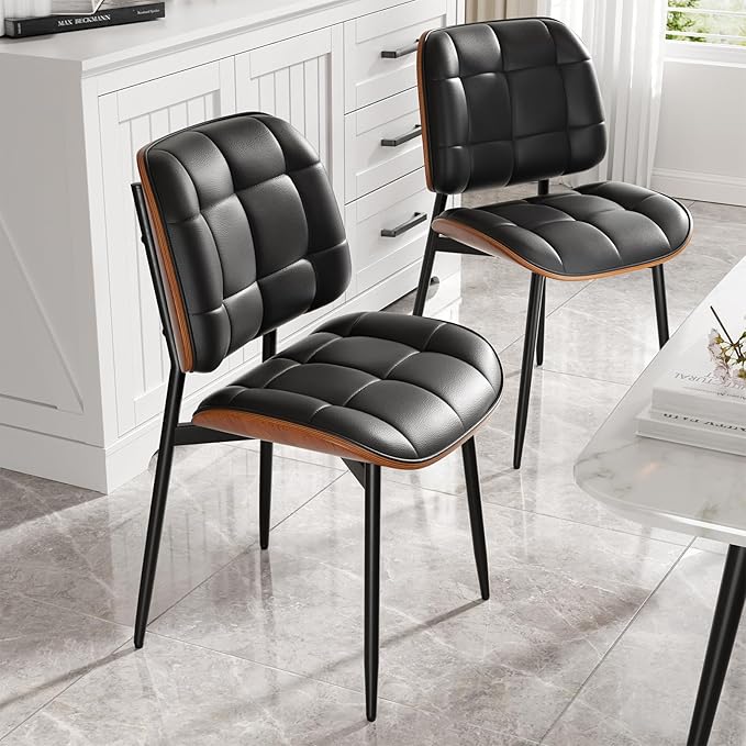 Dining Chair, Black Mid Century Modern Dining Room Chair, Upholstered Faux Le...