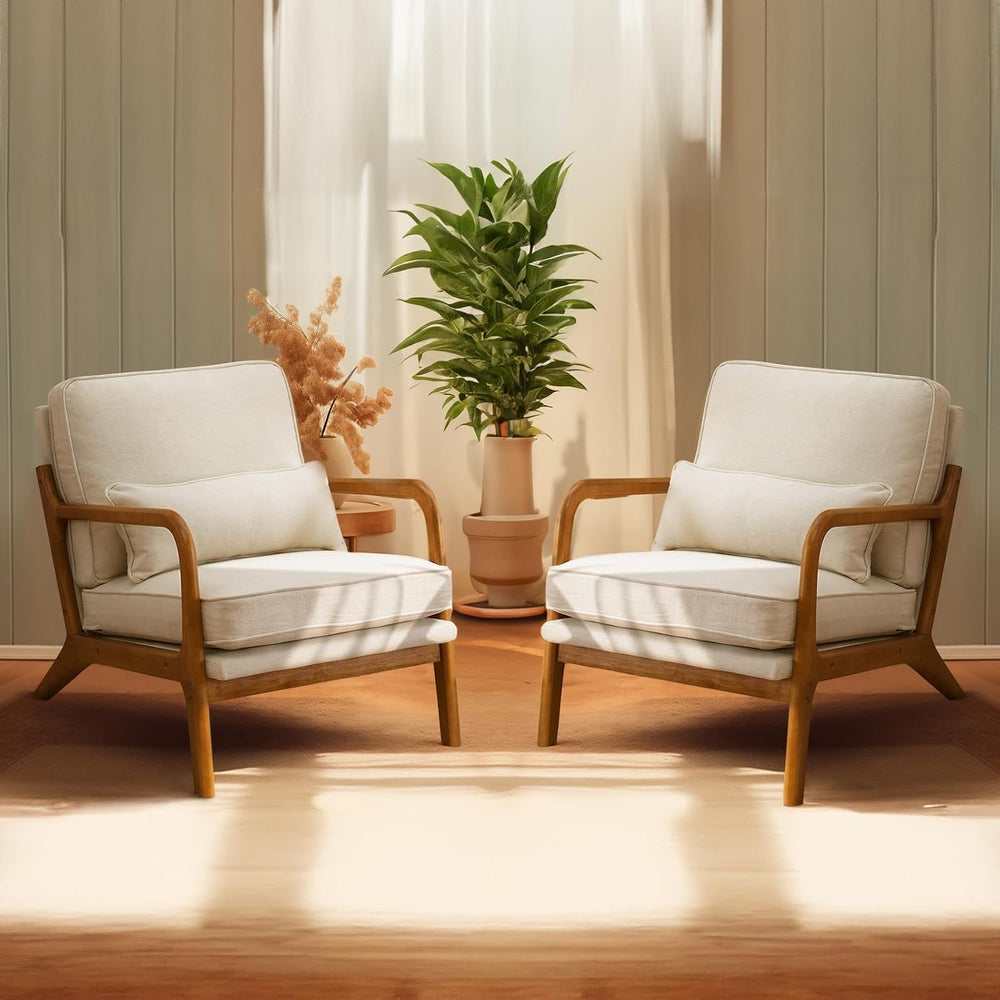 Bonnlo Fine Beige Accent Chairs Set of 2, Upholstered Mid Century Modern Loun...