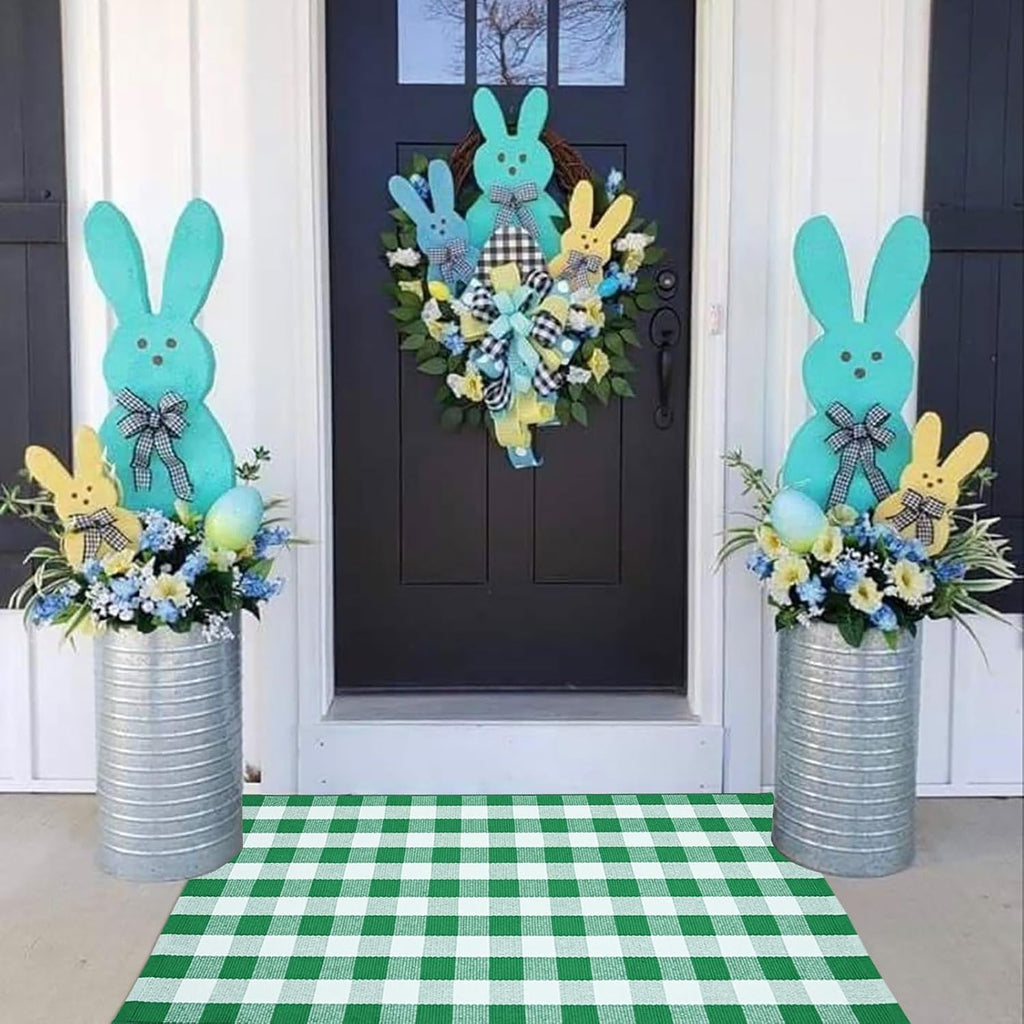 CAINANEL Buffalo Plaid Outdoor Rug Green and White Spring Door Mat Layering Rug Welcome Doormats for Spring Easter Farmhouse Entrance Porch Outdoors Decor