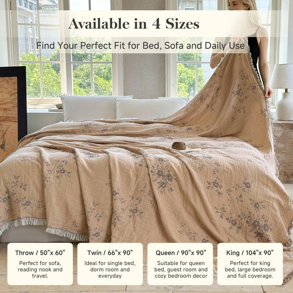 QKTE 100% Cotton Muslin Blanket King Size with Tassels, Lightweight Breathabl...