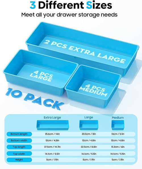 10 Pack Large Size Plastic Drawer Organizers Set, 3 Sizes Desk Drawer Organizer - Image 2
