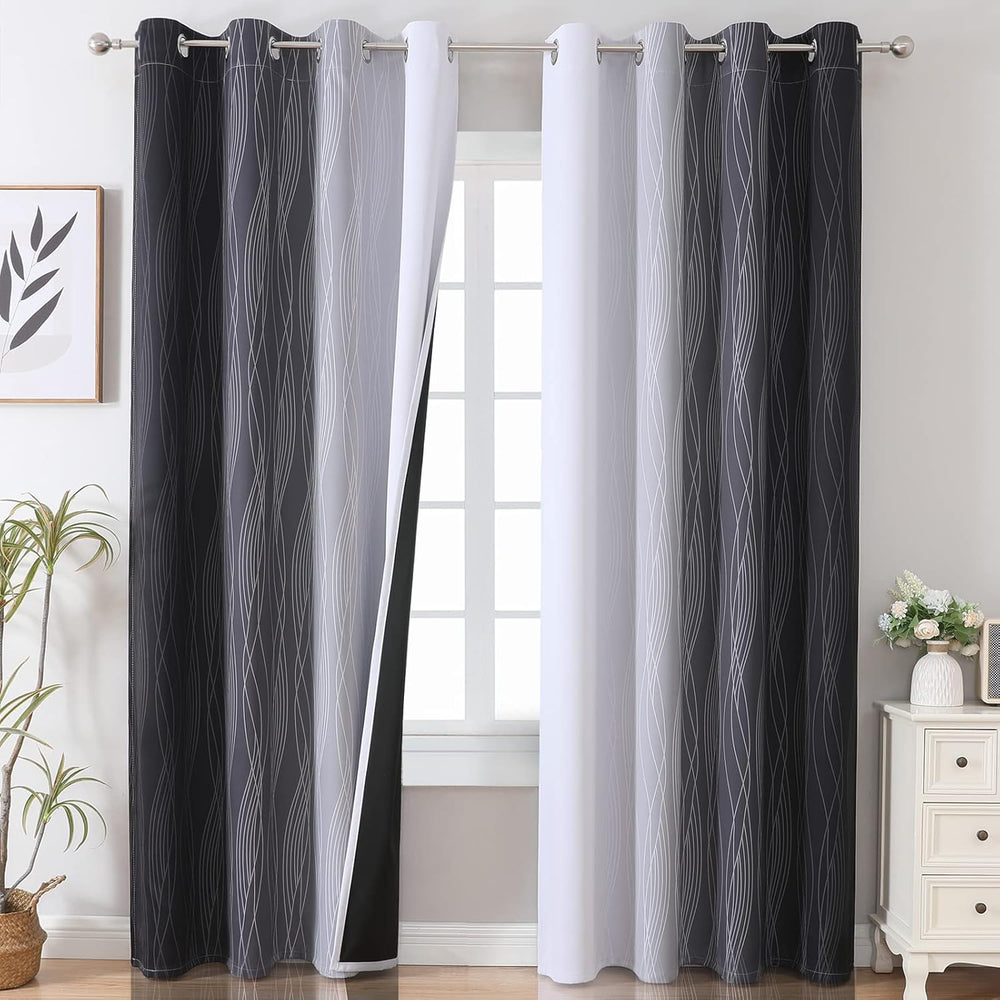 Black and Greyish White Ombre Blackout Curtains for Bedroom 52x84 Inch Long