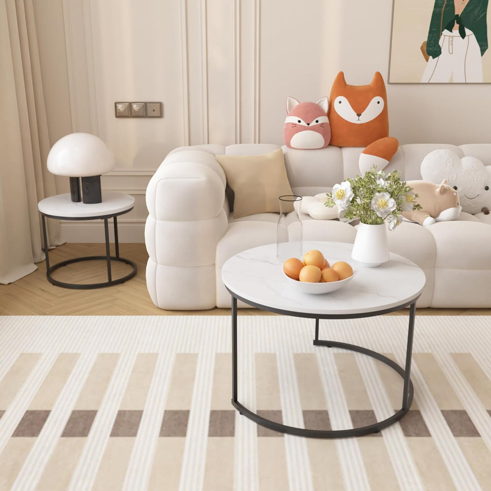 Small Round Nesting Coffee Table Set of 2 for Living Room, Modern Wood Marble...