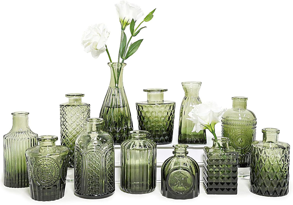 SUPMIND 12pcs Glass Bud Vase Set, Green Small Flower Vases for Centerpieces