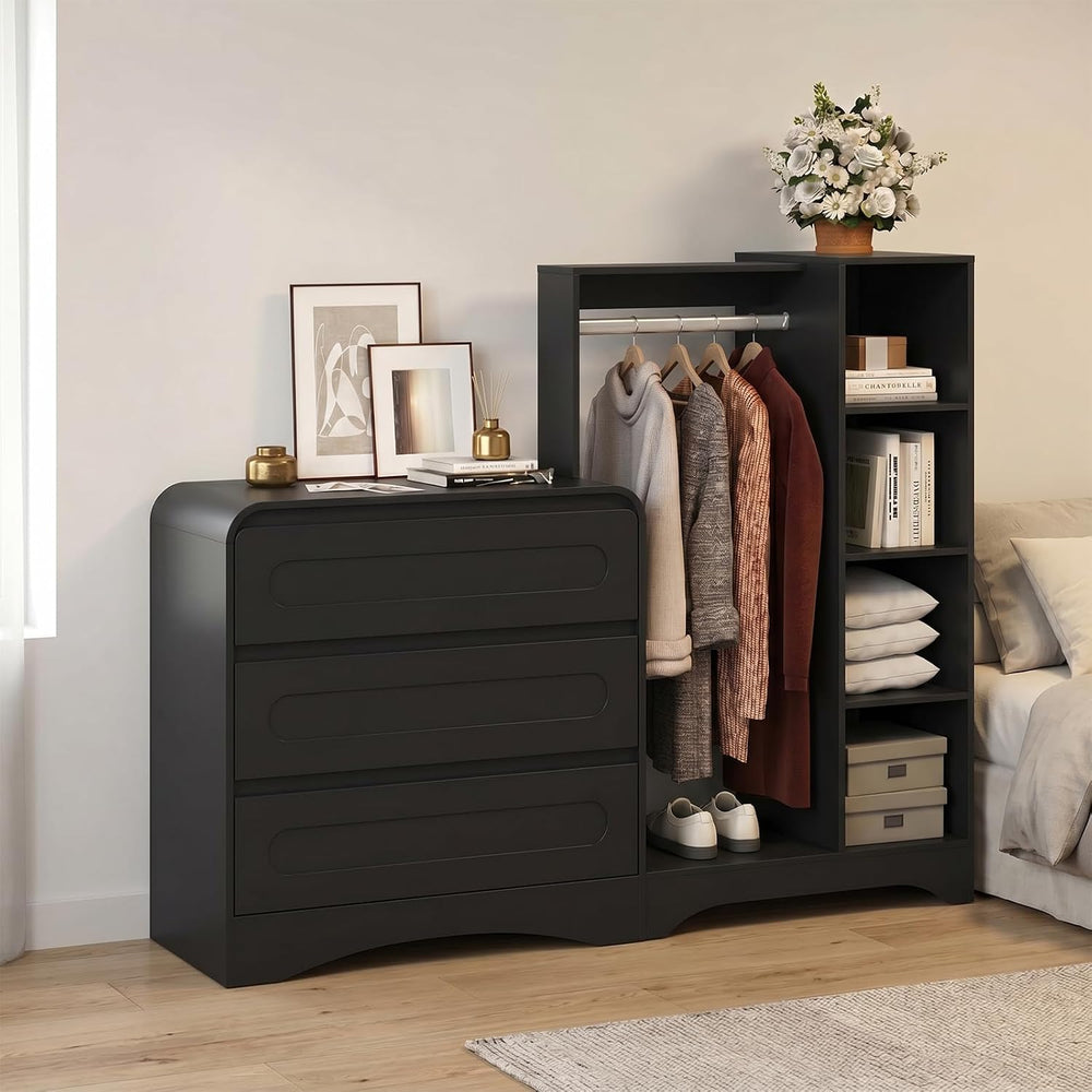 Dresser with Clothes Hanging Rack, Wardrobe Closet w/ 3 Drawers and Shelves