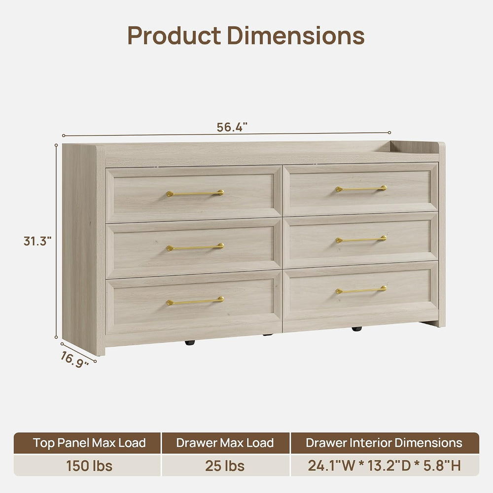 SICOTAS 6 Drawer Dresser for Bedroom-56.4" Extra-Wide Wood Chest of Drawers
