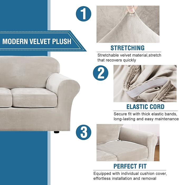 H.VERSAILTEX Modern Velvet Plush 4 Piece High Stretch Sofa Slipcover Sofa Cover - Image 3