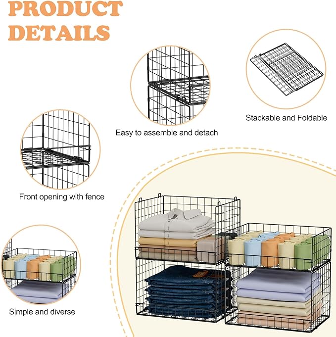 4 Tier Stackable Closet Organizers and Storage Shelves, Foldable Closet Shelf