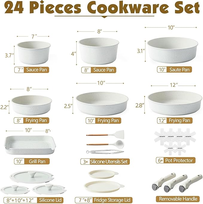 SENSARTE 24 Piece Pots and Pans Set, Nonstick Detachable Handle Cookware