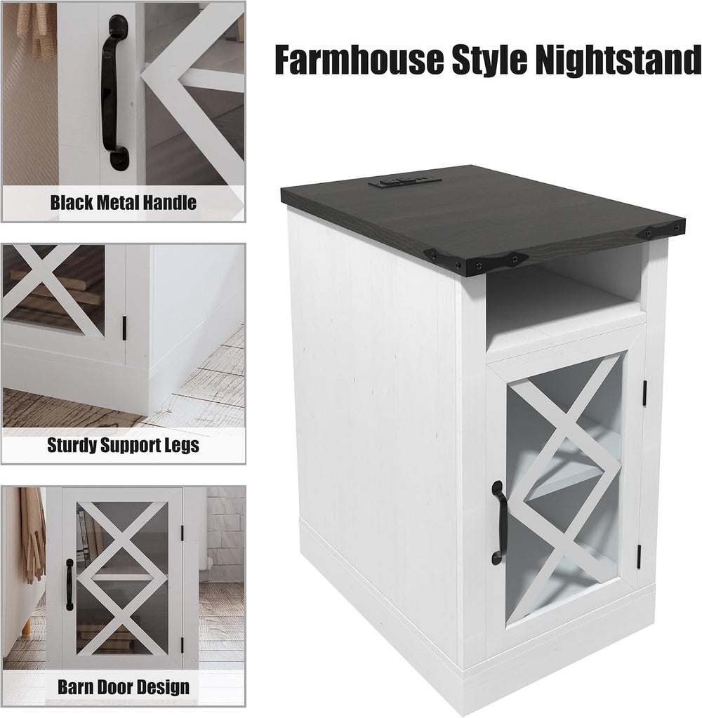 Clihome End Table with Charging Station, 15.4'' Rustic Nightstand wit...