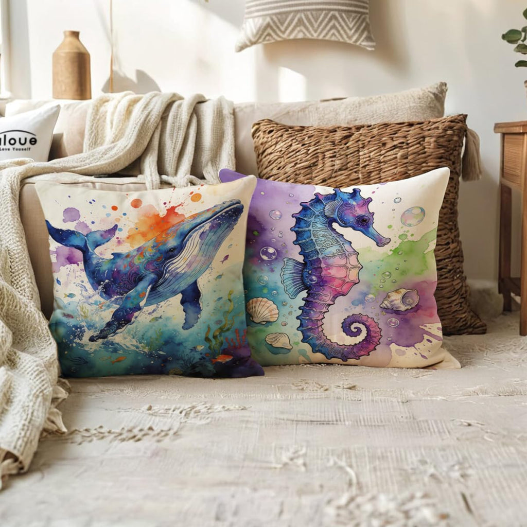 Marine Life Throw Pillow Case Turtle Octopus Seahorse Whale Decorative Pillowcases Coastal Ocean Cushion Covers 18 X 18 Inch,4Pack Nautical Pillow Covers for Summer Beach House Decor(Purple/Blue)