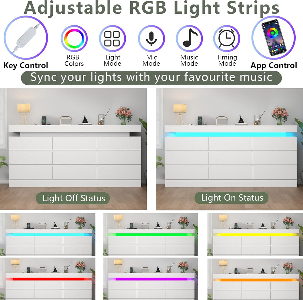 Gyfimoie 9 Drawer Dresser with Power Outlet, Modern Dresser with LED Light