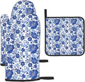 Navy Blue Floral Oven Mitts and Pot Holders Sets, Heat Resistant Oven Gloves by Unknown