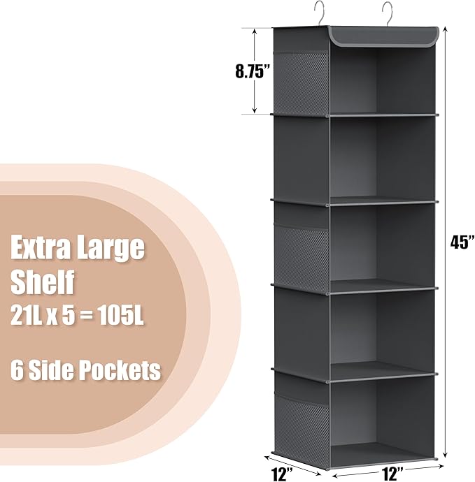 Simple Houseware 5 Shelf Hanging Closet Organizer, Dark Gray - Image 3