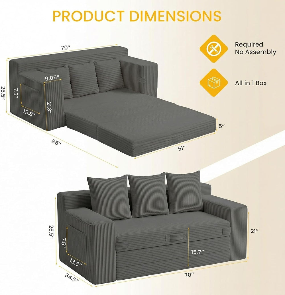 Boneless Couch,3 Seater Boneless Couch Bed – 3-in-1 Convertible Sleeper Sofa ...