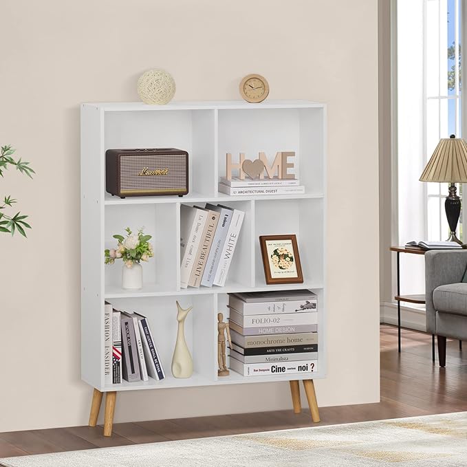YAHARBO White Bookshelf,3 Tier Book Shelf with Legs, 7 Cube Minimalist Bookca...