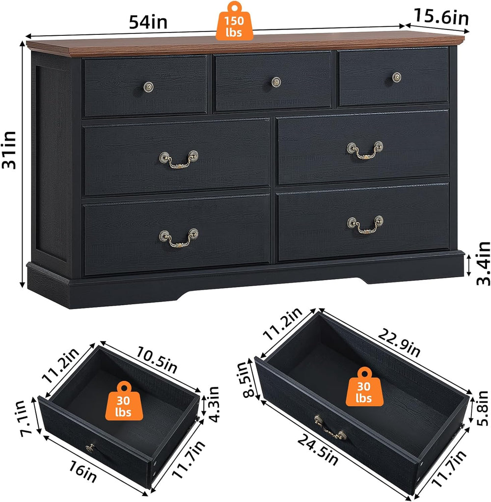 Farmhouse 7 Drawer Black Dresser for Bedroom
