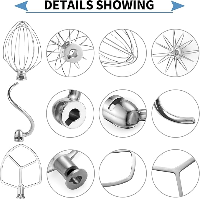 Stainless Steel 3 Piece kit Attachments，Dough Hook 6 Wire Whisk Flat Beater - Image 3