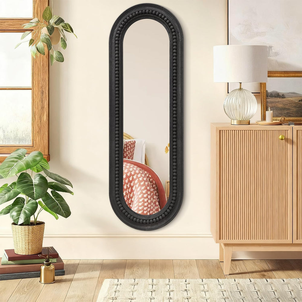 Oval Full Length Mirror with Beaded Wood Framed Black Decorative Large Wall M...