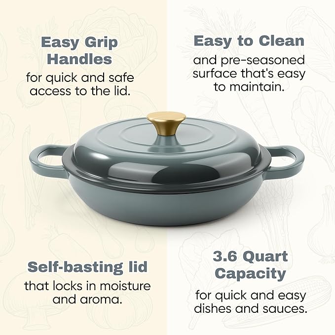 3 Quart Enameled Cast Iron Braiser, Non Stick Enameled Cast Iron Skillet