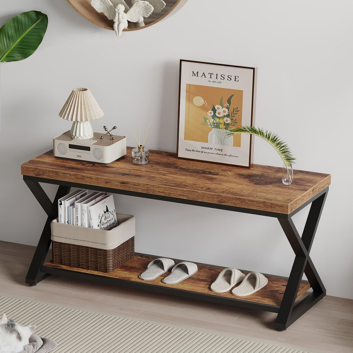 IBF Rustic Entryway Bench with Storage, Rustic Brown Wood and Metal Bench