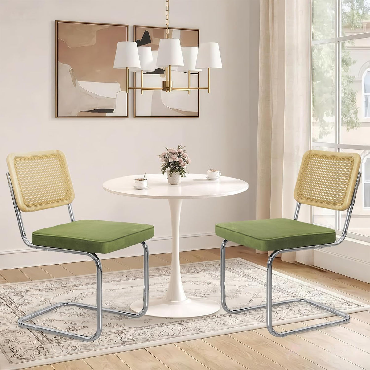 3-Piece 23.6" Round Dining Table Set for 2 with Upholstered Chairs – Space-Saving Modern Small Kitchen Cafe Bistro Set(Olive Green Velvet Chair)