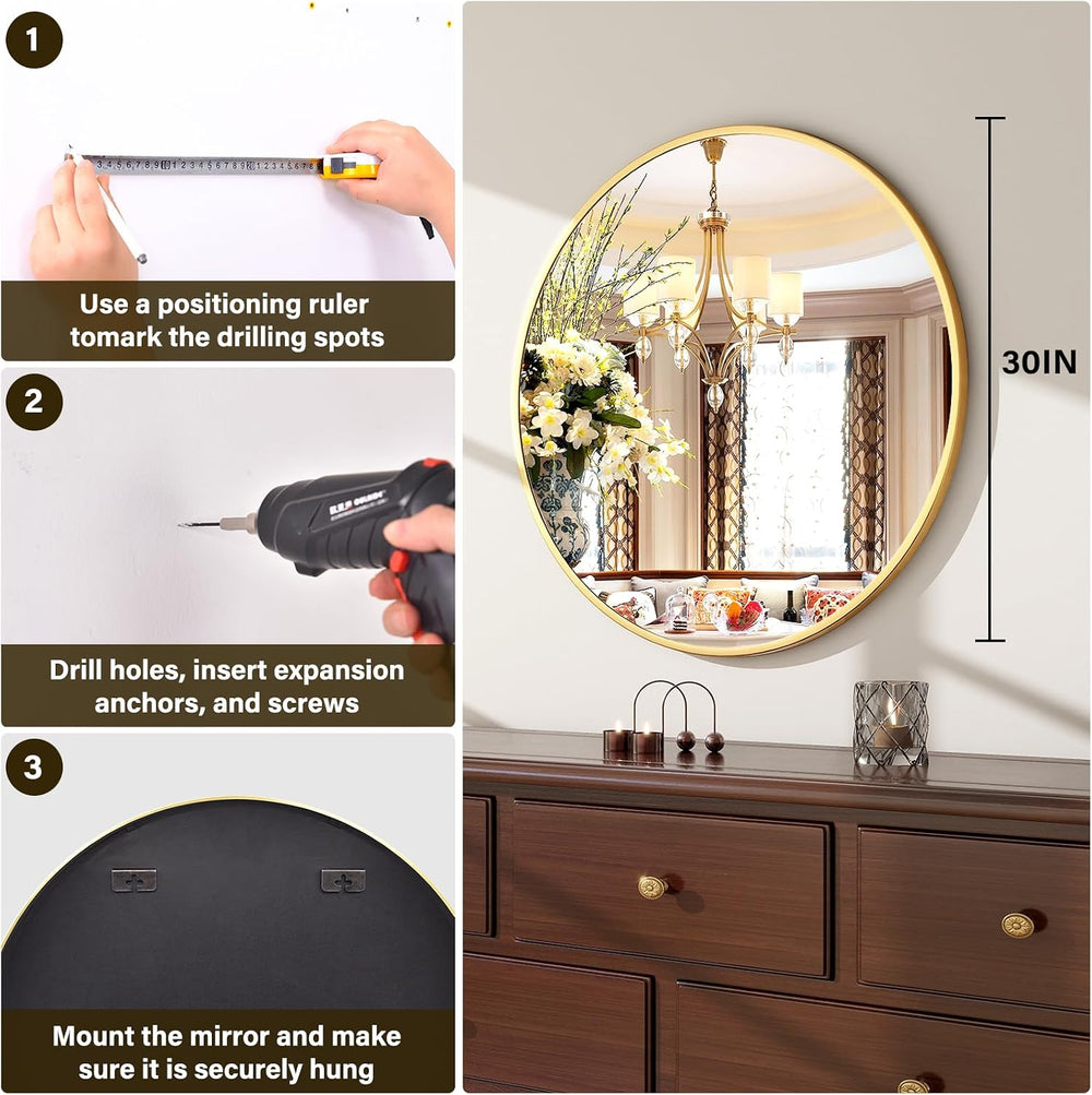 XRAMFY 30 Inch Round Mirror-Gold Circle Mirrors for Bathroom, Entryway