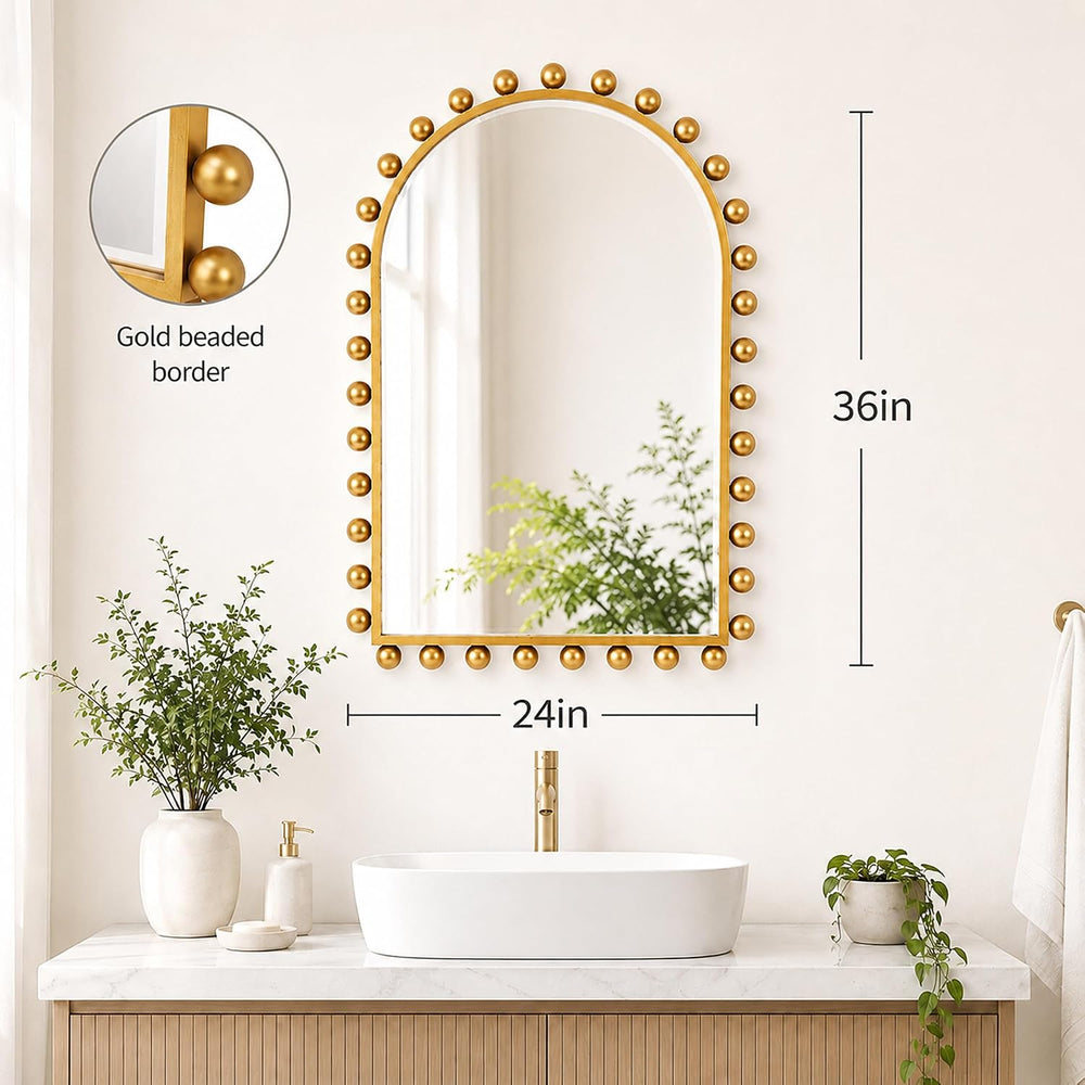 24x36 Inch Arched Wall Mirror, Antique Gold Beaded Beveled Glass