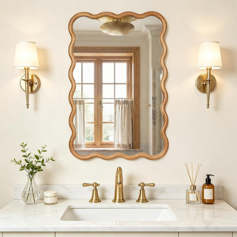 HOMECOOKIN 24"x36" Wavy Wood Mirror, Rectangular Wall Mirror with N...