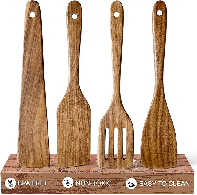 4 Pcs Acacia Wooden Spatula Set Non Toxic Kitchen Utensil Set Slotted Turner by Ayiaren