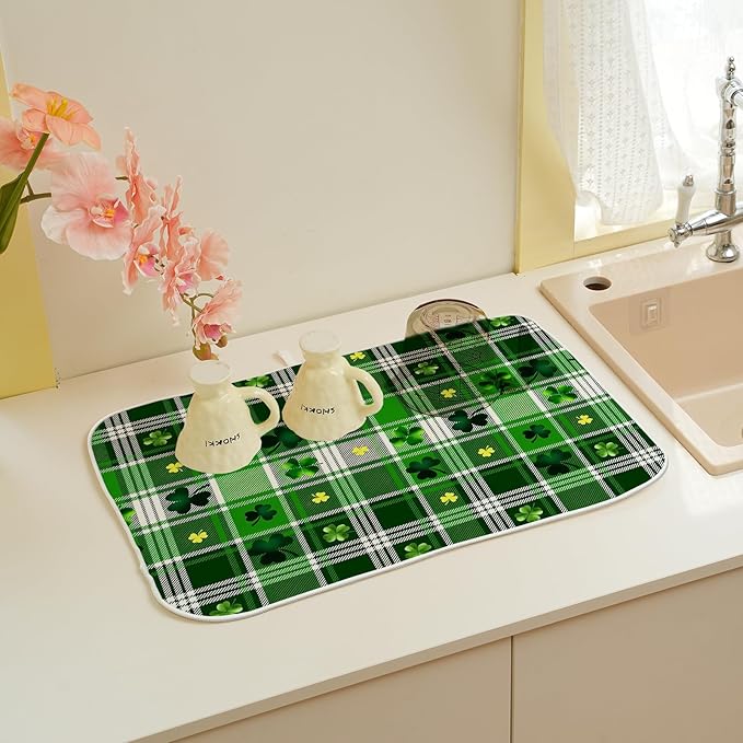 St. Patrick's Day Dish Drying Mat 18 x 24 Inch Green Buffalo Plaid Shamrock - Image 5