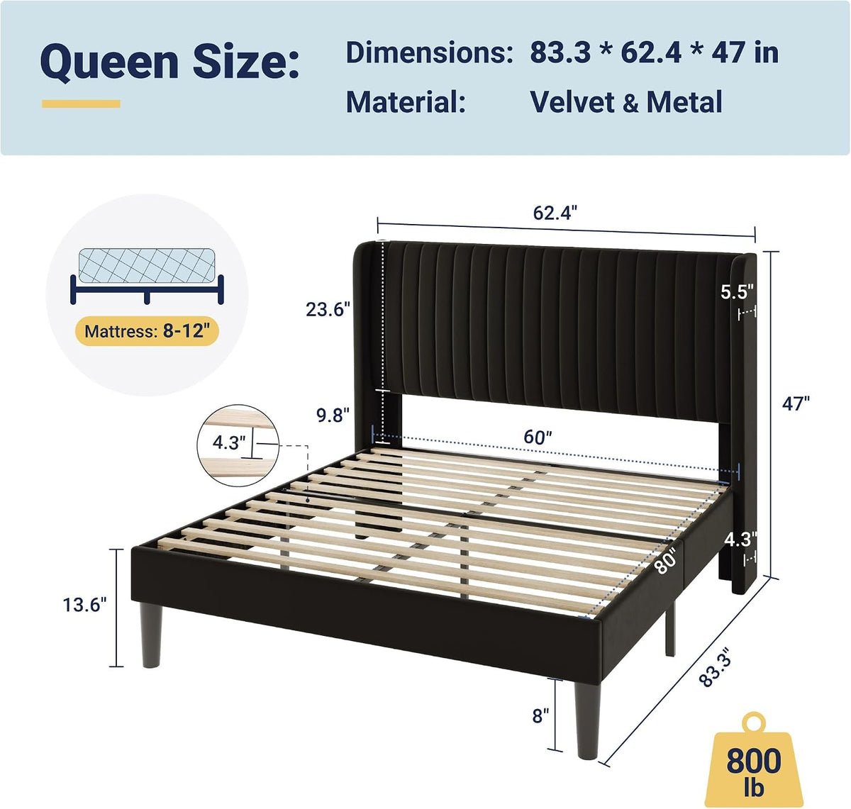 allewie queen size velvet bed frame/vertical channel tufted shown in use