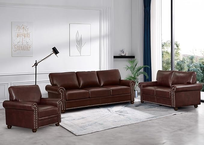 2 Piece Faux Leather Sofa Set,Modern Couch and Loveseat Sets with Storage,Mid Century Couch with Rivet Rolled Arm,Comfy Deep Seat Sofa,Furniture for Living Room,Office(Loveseat+3 Seater,Burgundy)