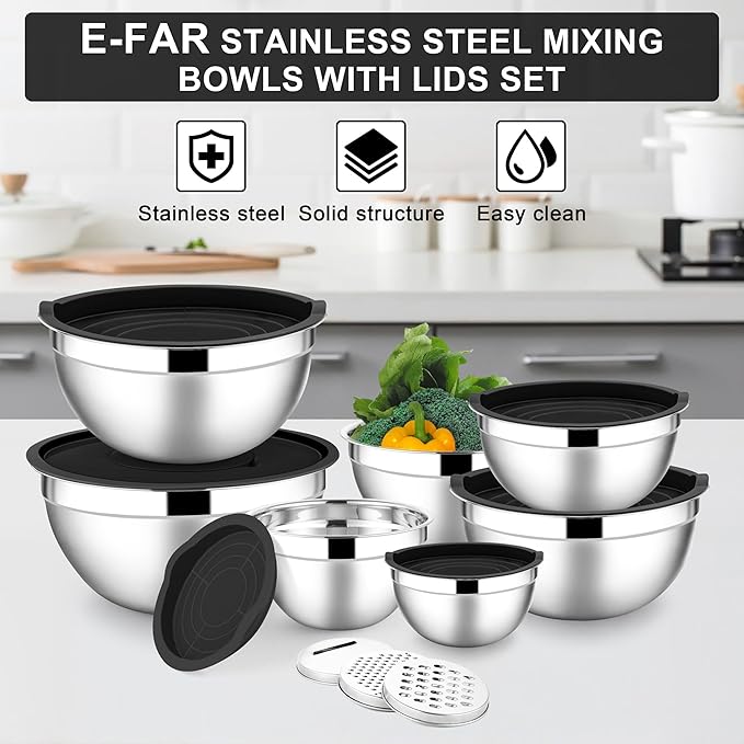 E-far Mixing Bowls with Lids Set, 7-Piece Stainless Steel Metal Mixing Bowls - Image 7