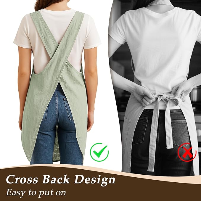 Apron for Women with Pocket Cotton Linen, Japanese Cross Back Apron for - Image 3