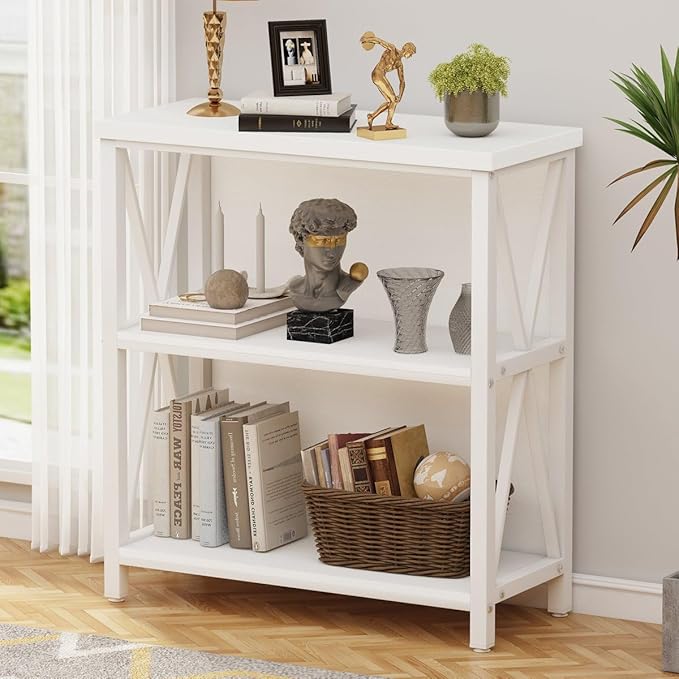 FATORRI Small Bookshelf for Small Space, Short Rustic Low Bookcase, Modern Wo...