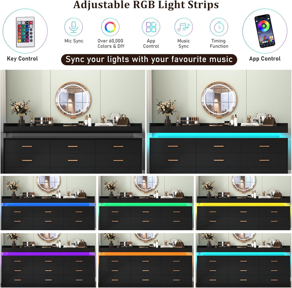 9 Drawer Dresser with LED Light and Charging Station, Modern Chest of Drawers...